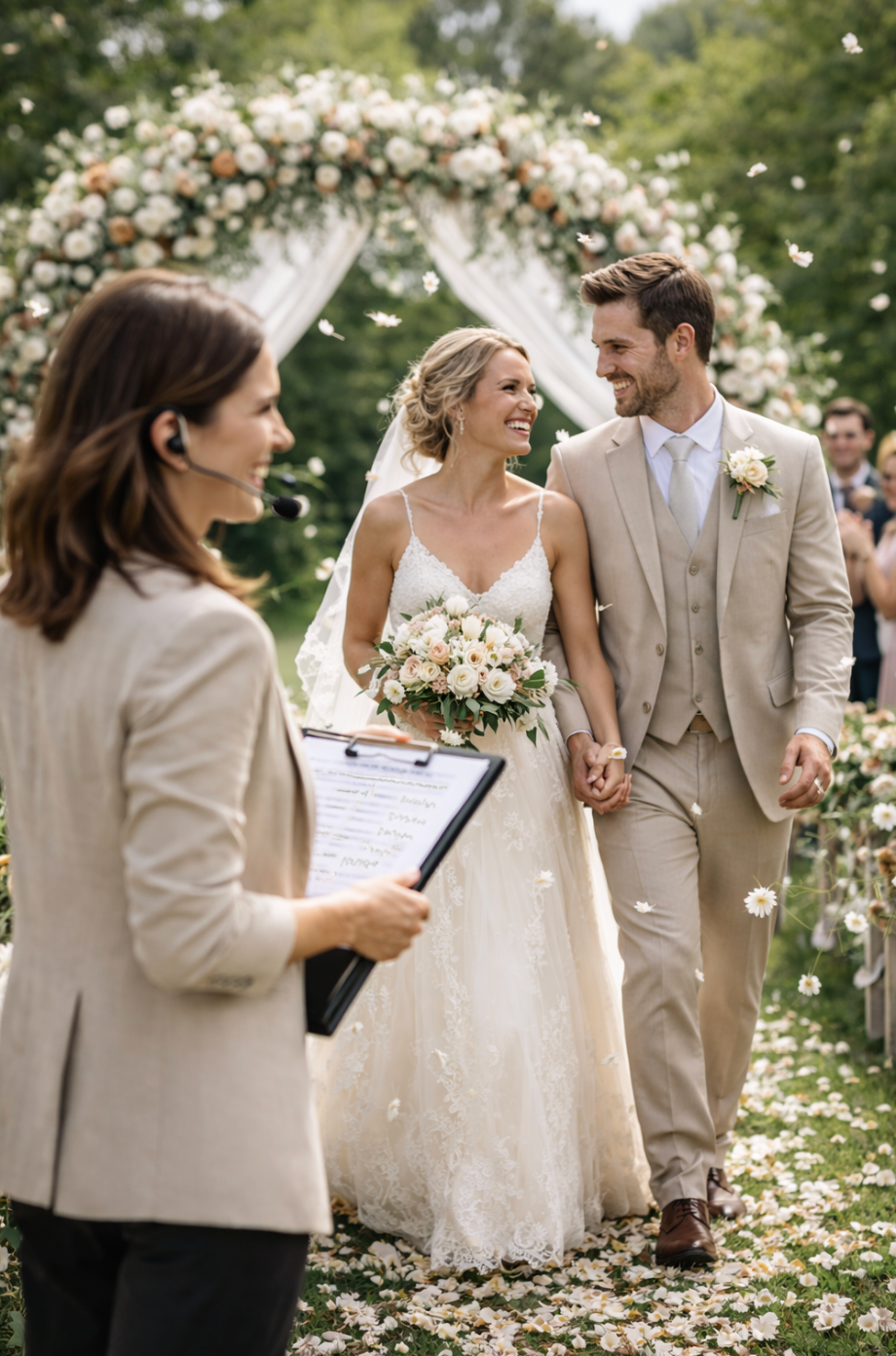 Bride and groom walk hand in hand down a flower-lined aisle while a wedding coordinator with a headset oversees the ceremony in the foreground.