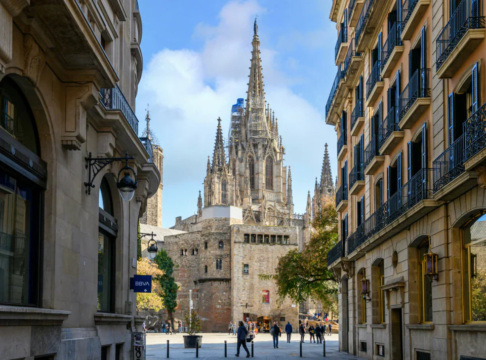 View of Barcelona’s Gothic Quarter street leading to the Barcelona Cathedral, a perfect historic neighbourhood for a hen party weekend stay and city exploration
