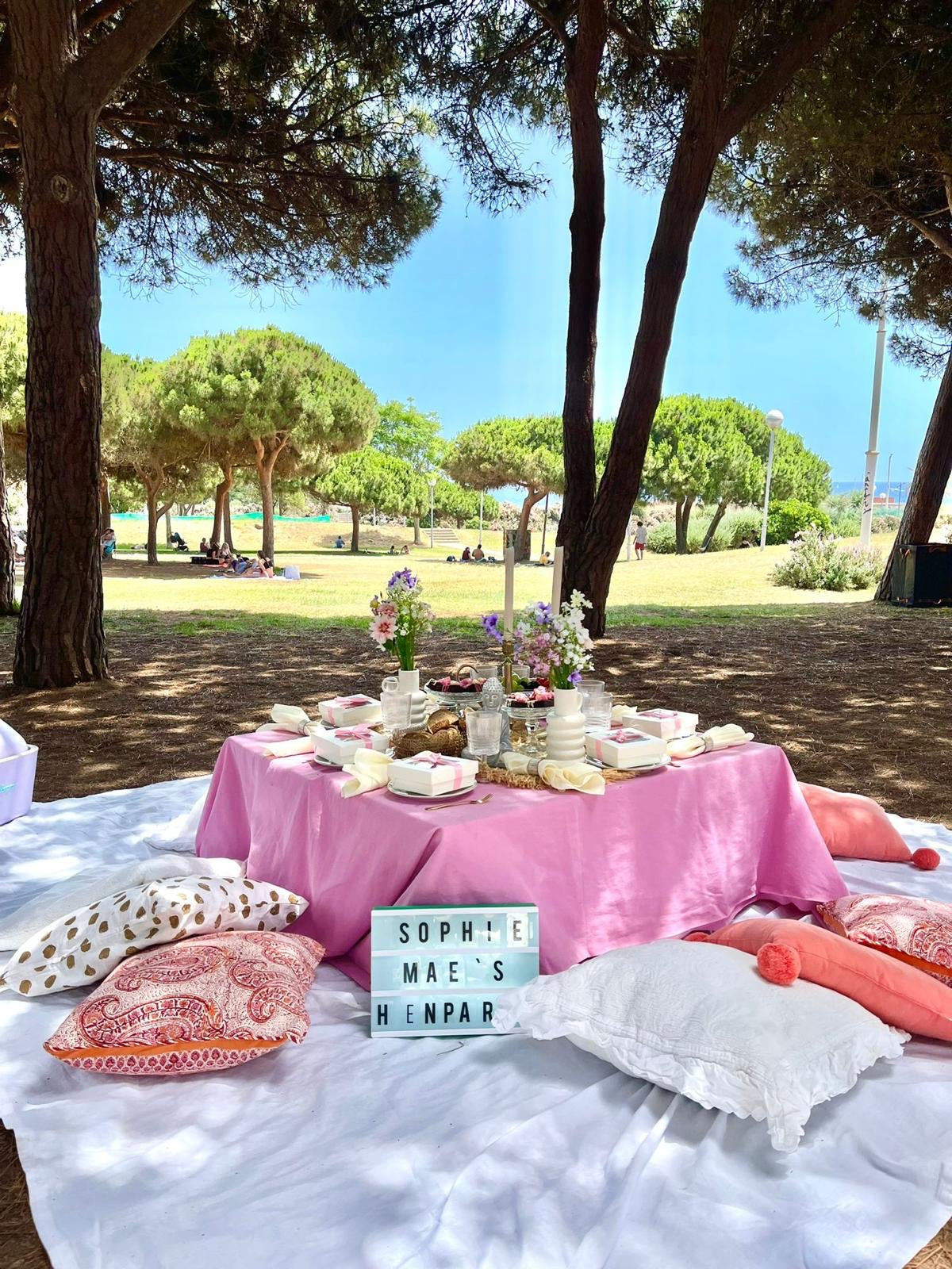 Vibrant hen party picnic in a Barcelona park near the beach, featuring a low table with colorful decorations, fresh flowers, and a view of the sea and palm trees.