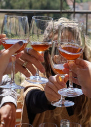 Several people holding up wine glasses filled with an amber-colored beverage in a toast, set against an outdoor vineyard background.