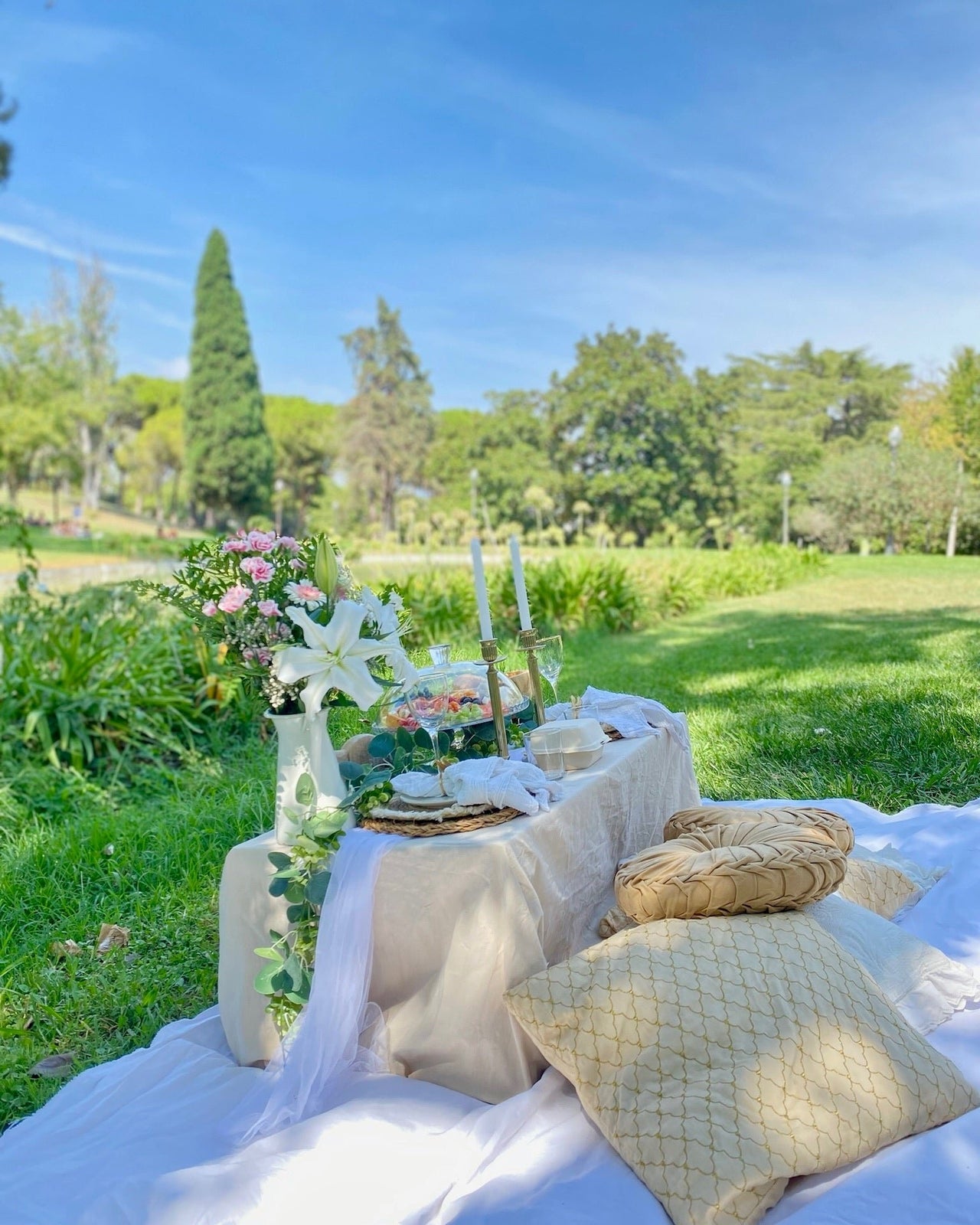 A cozy romantic picnic setup in Barcelona featuring a beautifully decorated picnic blanket, cushions, a grazing platter with wine, flowers, and candles, perfect for a special couple's outdoor experience.