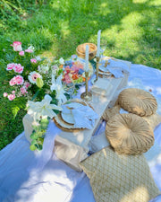 Beautiful romantic picnic arrangement with a luxurious grazing platter, soft cushions, a cozy blanket, and floral accents, perfect for a couple’s outdoor getaway in Maresme. 