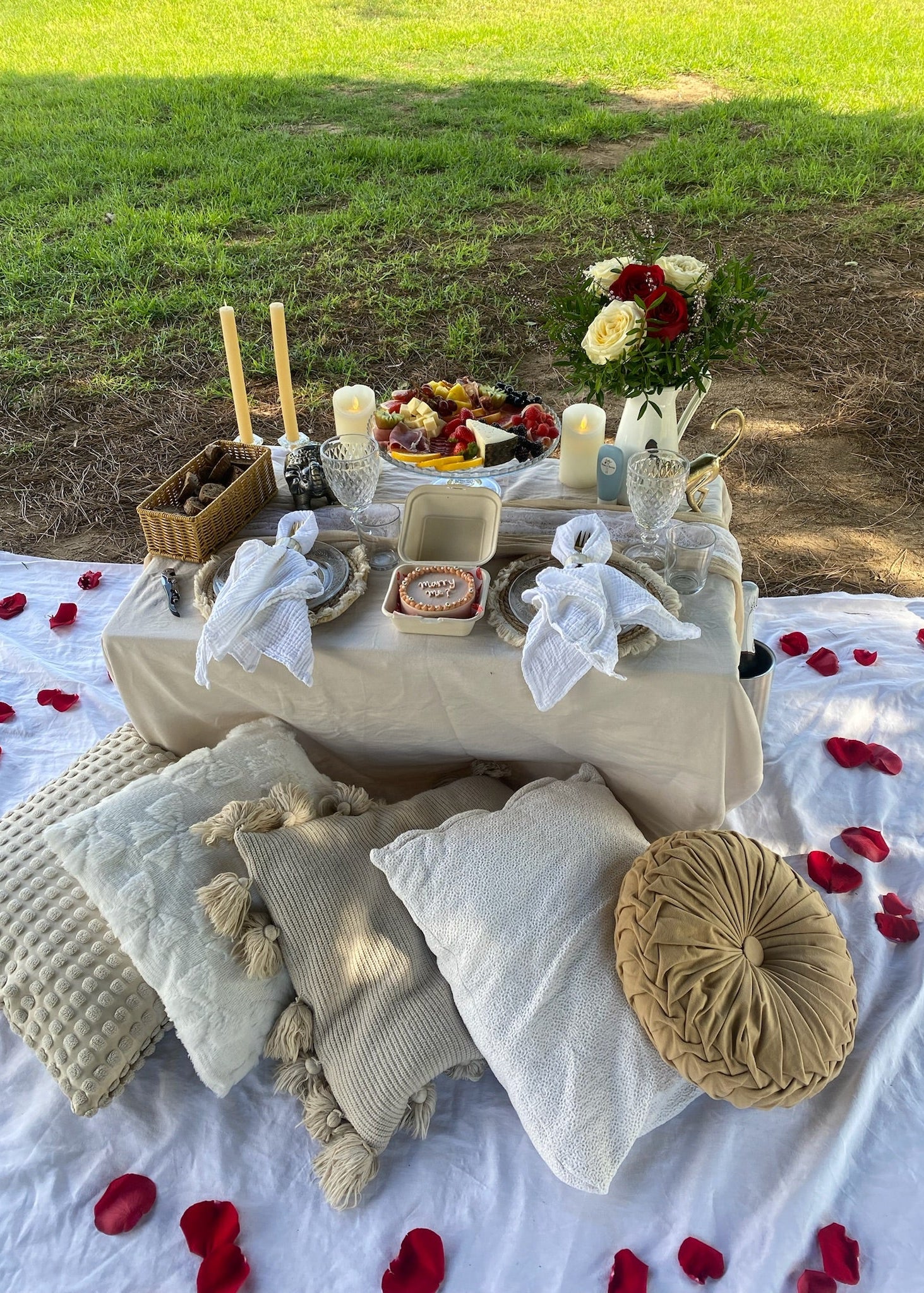 Outdoor picnic setup with table, cushions, and flowers on a grassy field.