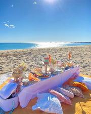 Elegant picnic experience in Barcelona featuring a low table with stylish tableware, decorative flowers, and a stunning backdrop of the city's natural landscape