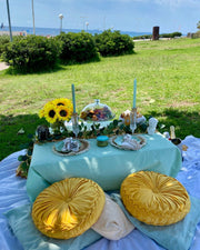 Intimate romantic picnic setup with a gourmet grazing platter, plush pillows, a soft blanket, and delicate flower arrangements, perfect for a couple's serene outdoor escape in Maresme.