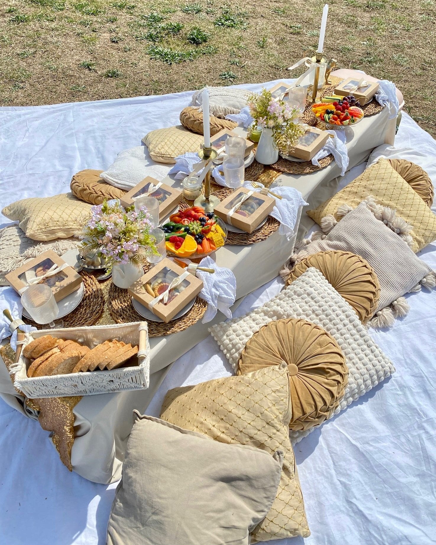 Scenic picnic setup in Sitges with cozy blankets, pillows, and a beautifully arranged grazing platter surrounded by greenery and views of the city skyline