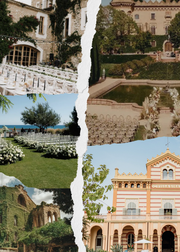 Collage of various scenic locations including a garden, a building with a fountain, and a coastal view.