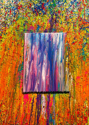 Abstract painting with a smaller rectangular painting on a colorful textured background