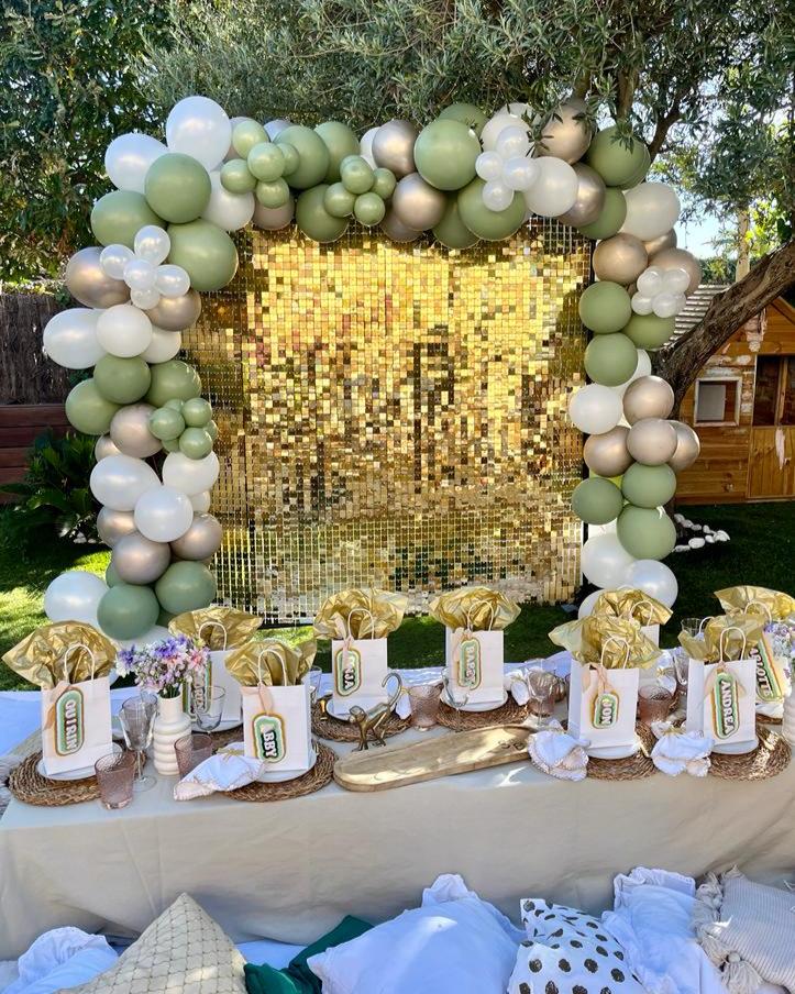 Elevate your celebration with our shimmer wall and balloon arch rentals, creating the perfect photo-worthy backdrop for unforgettable moments.